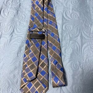 Calvin Klein Blue, Gray and Tan Plaid Silk-Feel Tie A 34